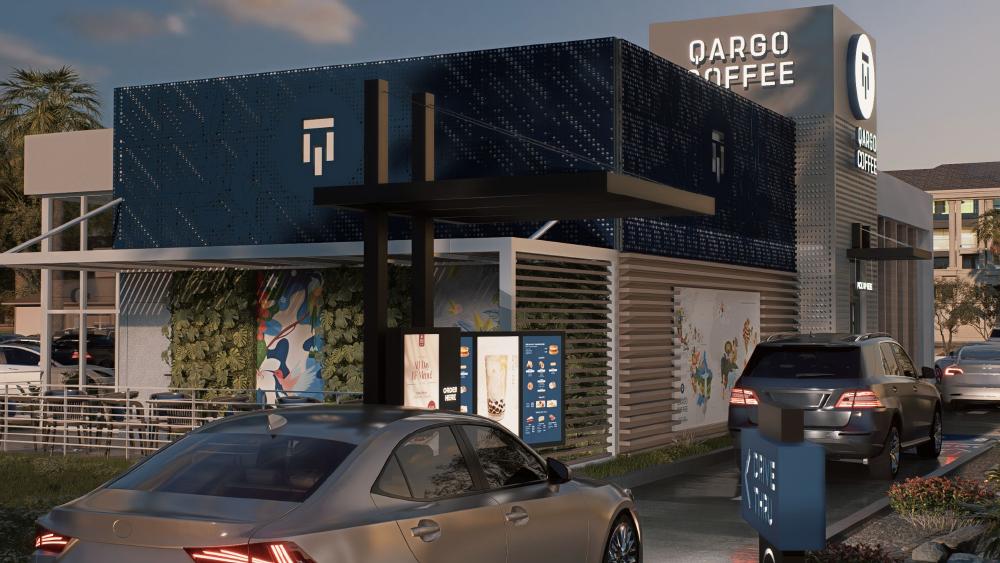 Qargo Coffee drive-thru prototype at dusk